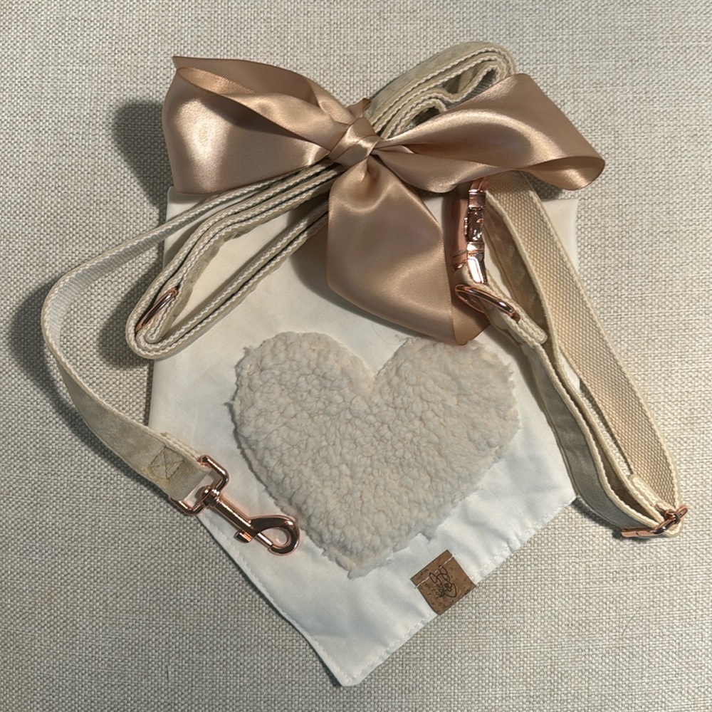 Dog Wedding Leash, Collar, and Heart Bandana Set - Cream Velvet & Rose Gold